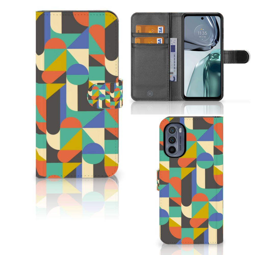 Motorola Moto G62 5G Telefoon Hoesje Funky Retro met kleurrijk geometrisch patroon en pasjeshouders, trendy uitstraling
