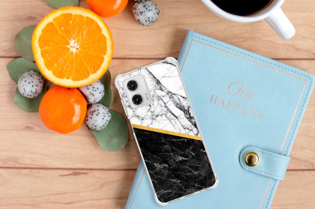 Motorola Moto G73 Anti-Shock Hoesje Marmer Wit Zwart - Origineel Cadeau Man B2C Telecom