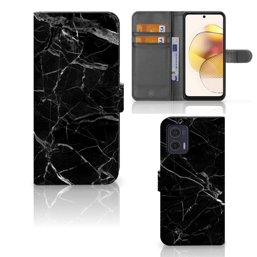 Motorola Moto G73 Bookcase Marmer Zwart bookcase zwart marmer voorzijde binnenzijde