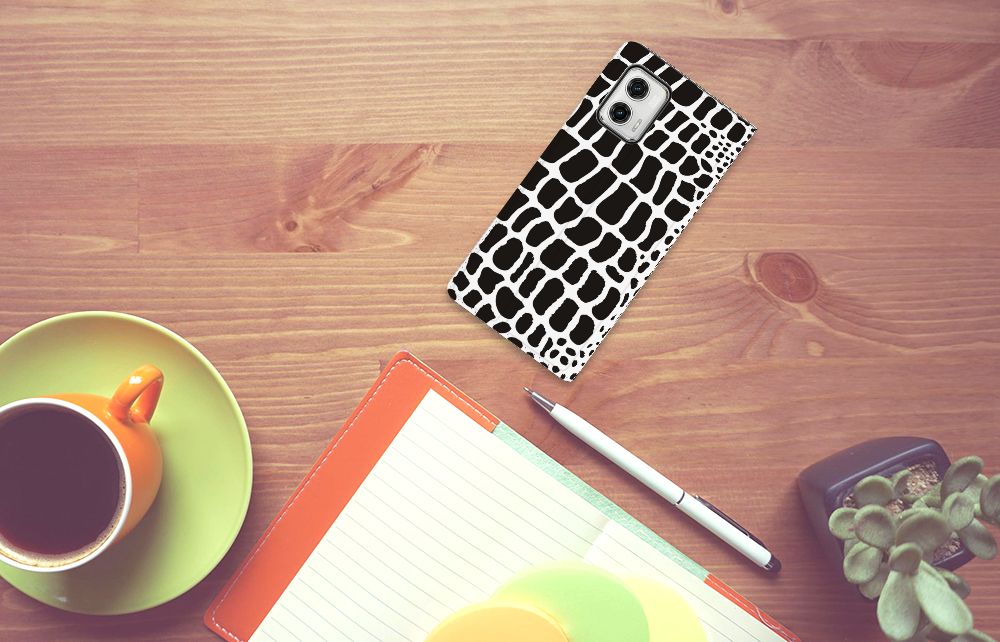 Motorola Moto G73 Hoesje maken Slangenprint stand case zwart wit bovenaanzicht