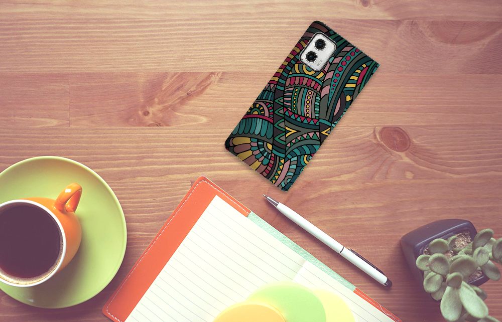 Motorola Moto G73 Hoesje met Magneet Aztec artistiek retro design bovenaanzicht