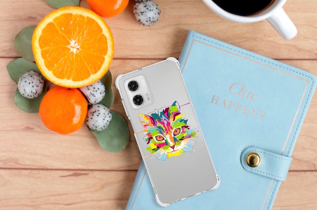 Motorola Moto G73 Stevig Bumper Hoesje Cat Color design voorkant met fruit en notitieboek