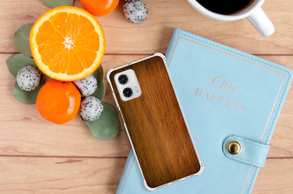 Motorola Moto G73 Stevig Telefoonhoesje Donker Hout design bovenaanzicht