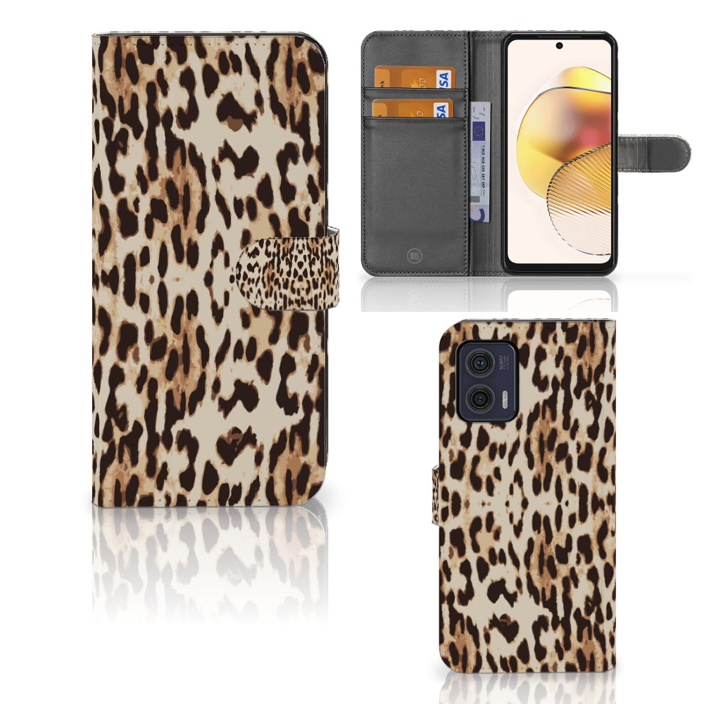 Motorola Moto G73 Telefoonhoesje met Pasjes Leopard - Stijlvol en duurzaam met praktische pasjeshouders.