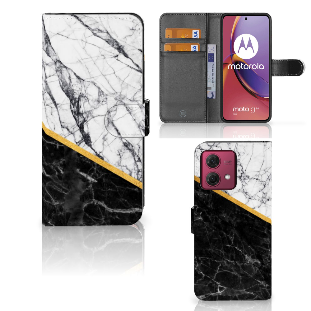 Motorola Moto G84 Bookcase Marmer Wit Zwart design marmer voorzijde zijkant binnenkant