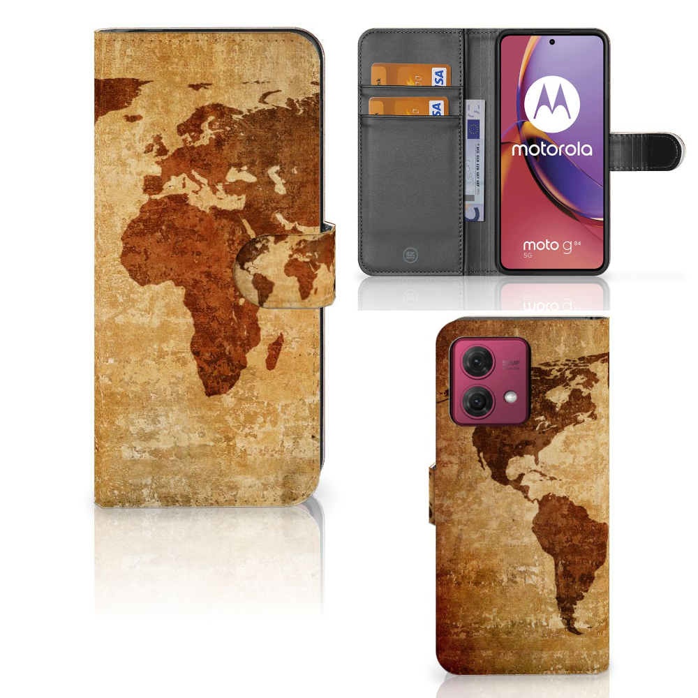 Motorola Moto G84 Flip Cover Wereldkaart flipcover wereldkaart aanzicht