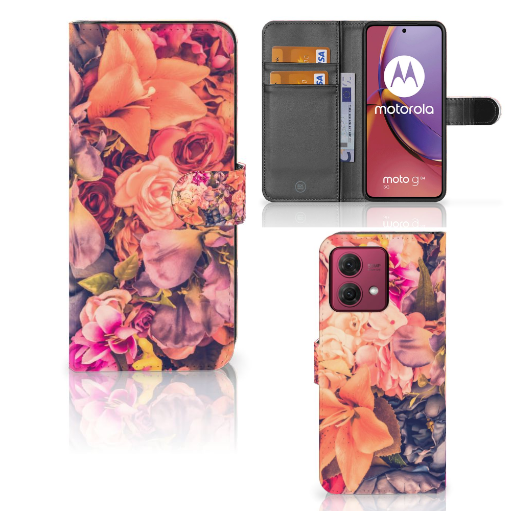 Motorola Moto G84 Hoesje Bosje Bloemen boekhoesje bloemen roze oranje paarse pasjeszijde