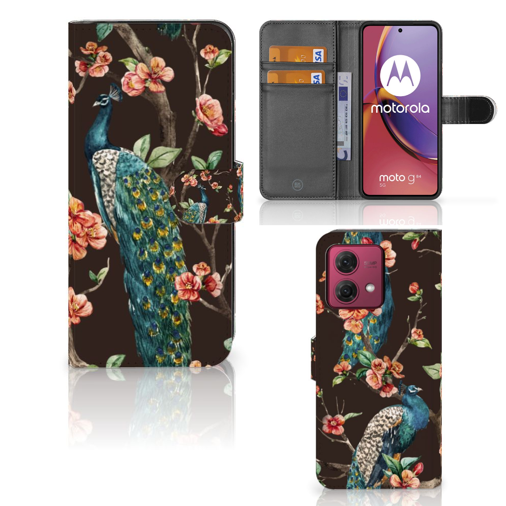 Motorola Moto G84 Telefoonhoesje met Pasjes Pauw met Bloemen | Duurzaam en praktisch met prachtige uitstraling đē