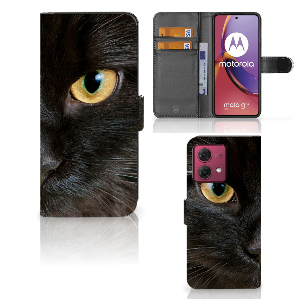 Motorola Moto G84 Telefoonhoesje met Pasjes Zwarte Kat design zwarte kat aanzicht