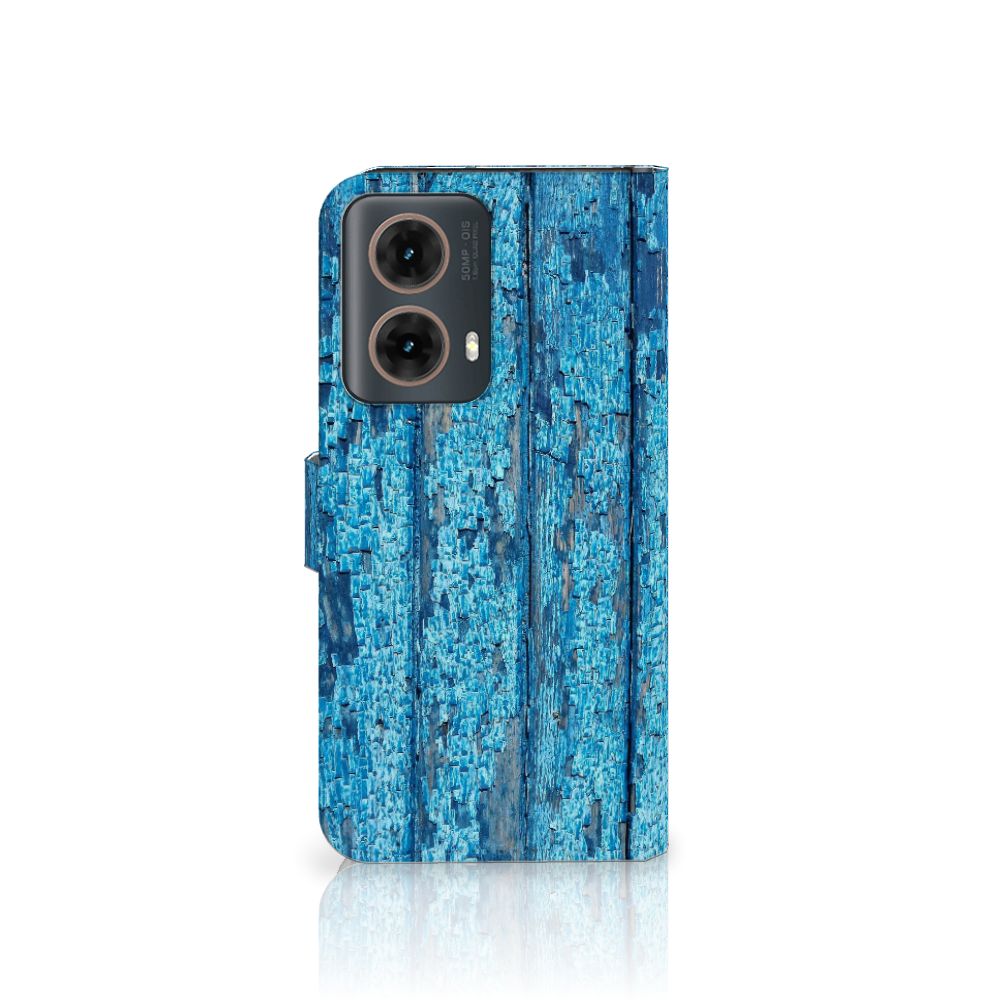 Motorola Moto G85 Book Style Case Wood Blue blauw afgebladderd hout aanzicht