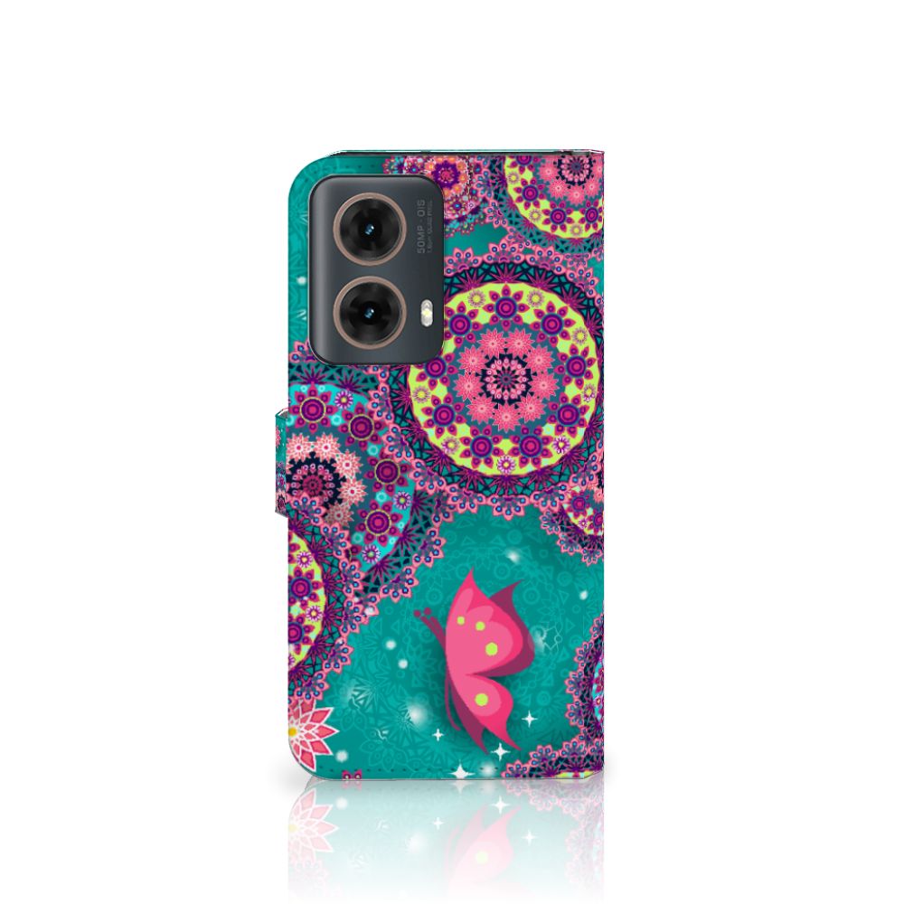Motorola Moto G85 Hoesje Cirkels en Vlinders bookstyle design Cirkels Vlinders aanzicht