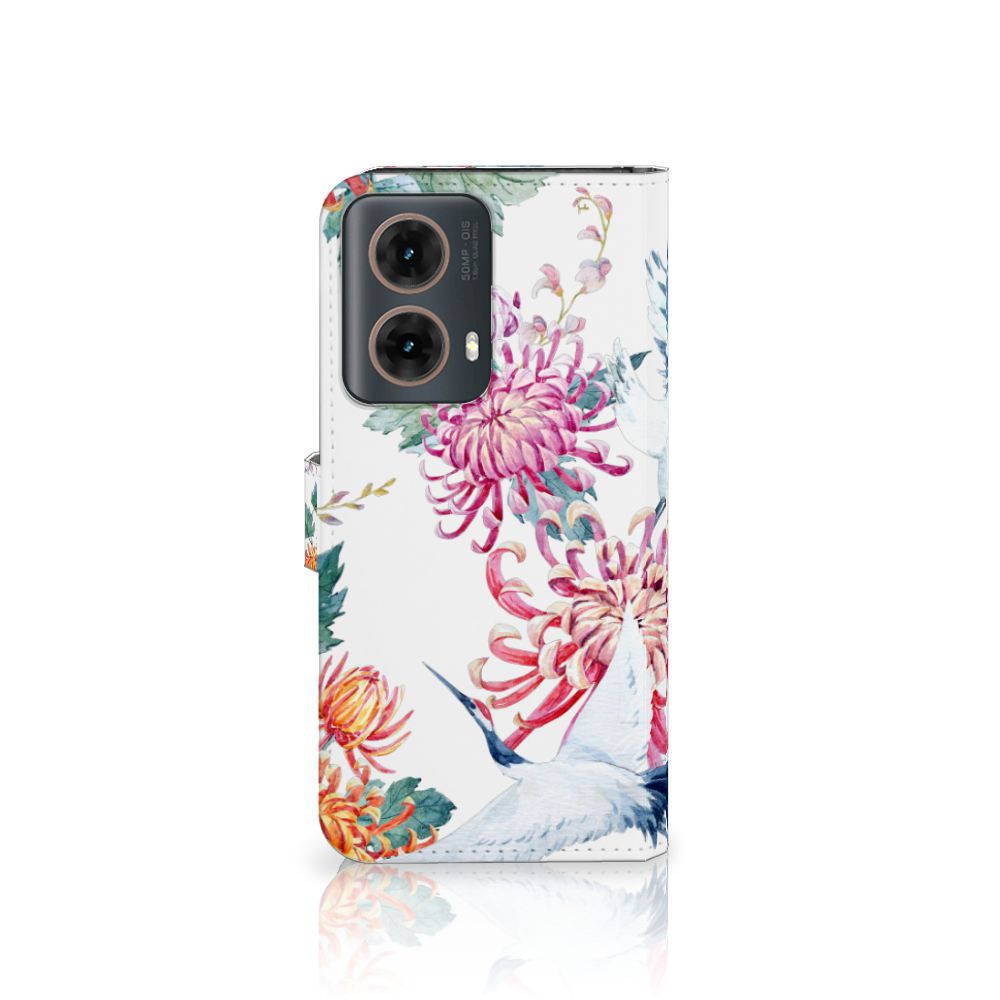 Motorola Moto G85 Telefoonhoesje met Pasjes Bird Flowers boekhoesje bloemen ooievaars kleurrijk