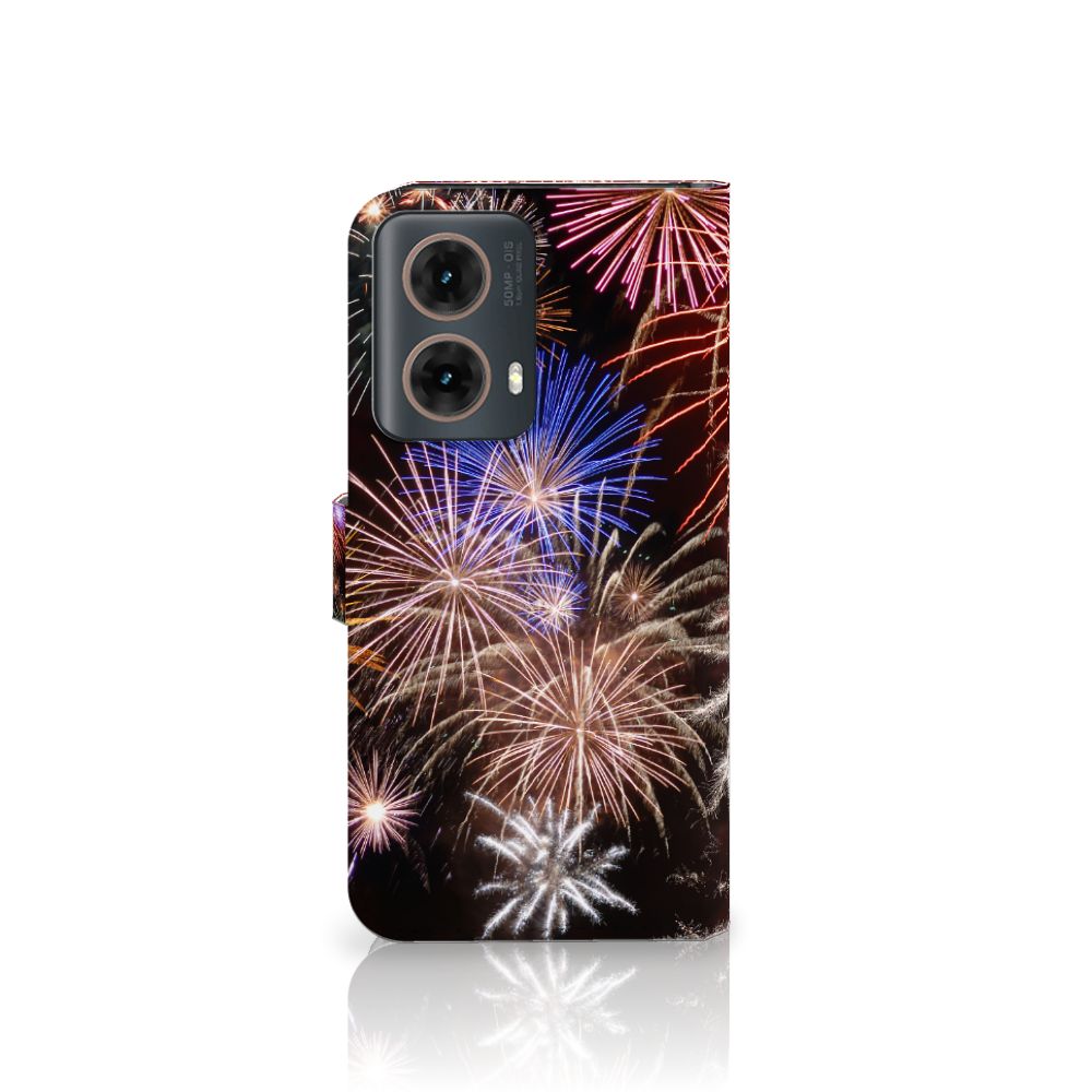 Motorola Moto G85 Wallet Case met Pasjes Vuurwerk siervuurwerk kleurrijk aanzicht