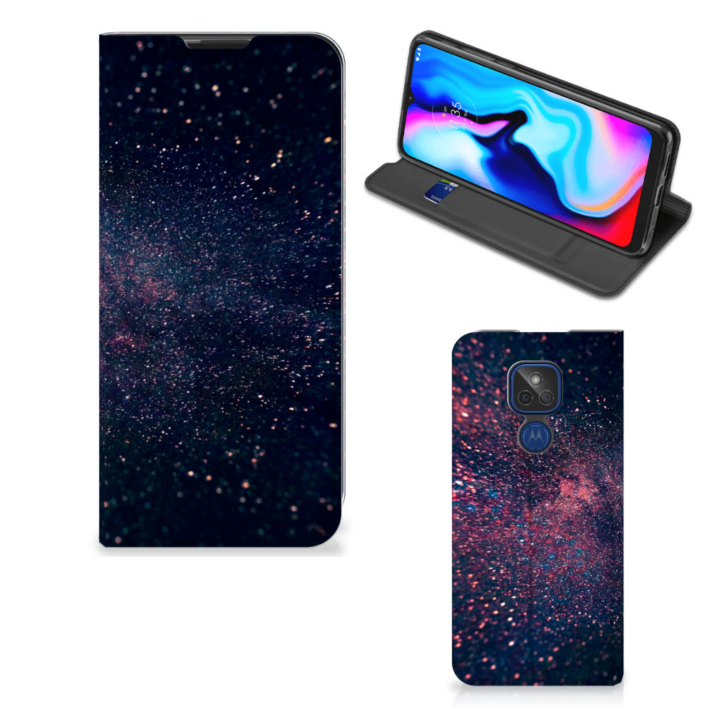 Motorola Moto G9 Play Stand Case Stars design sterren zwart paarse blauwe kleuren