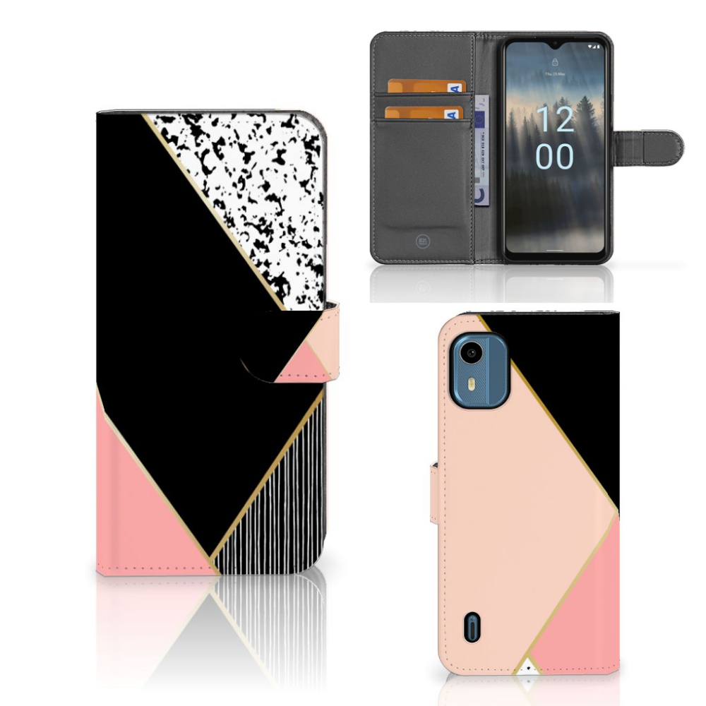 Nokia C12 Book Case Zwart Roze Vormen Bookcase geometrisch ontwerp beschermd aanzicht