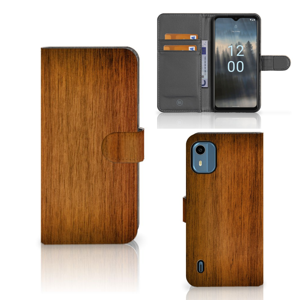 Nokia C12 Book Style Case Donker Hout boek stijl hoesje houtprint voorzijde achterzijde binnenzijde