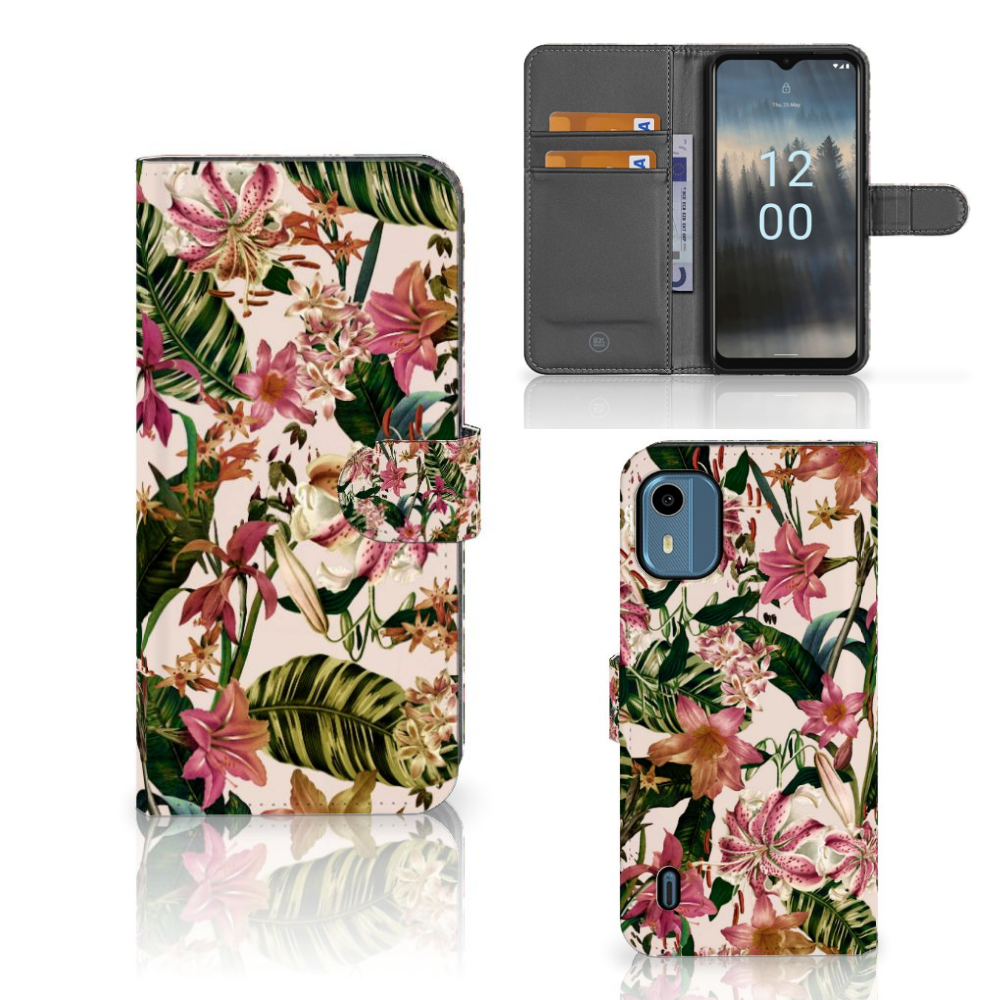 Nokia C12 Hoesje Flowers met tropische bloemen en ruimte voor pasjes, perfect als cadeau voor gebruiksgemak en uitstraling.
