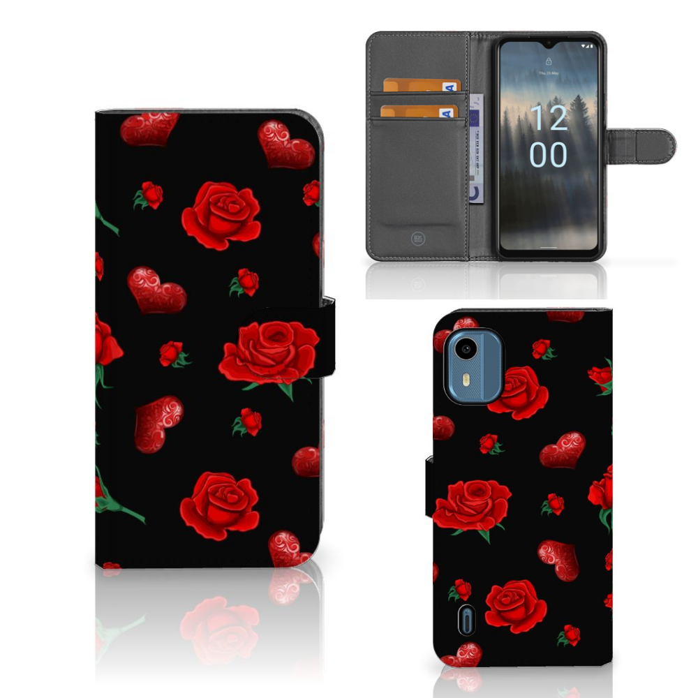 Nokia C12 Leuk Hoesje Valentine boekhoes design rozen zwart