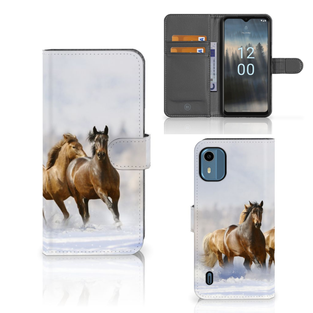 Nokia C12 Telefoonhoesje met Pasjes Paarden telefoonhoesje paarden ontwerp voorkant en binnenkant
