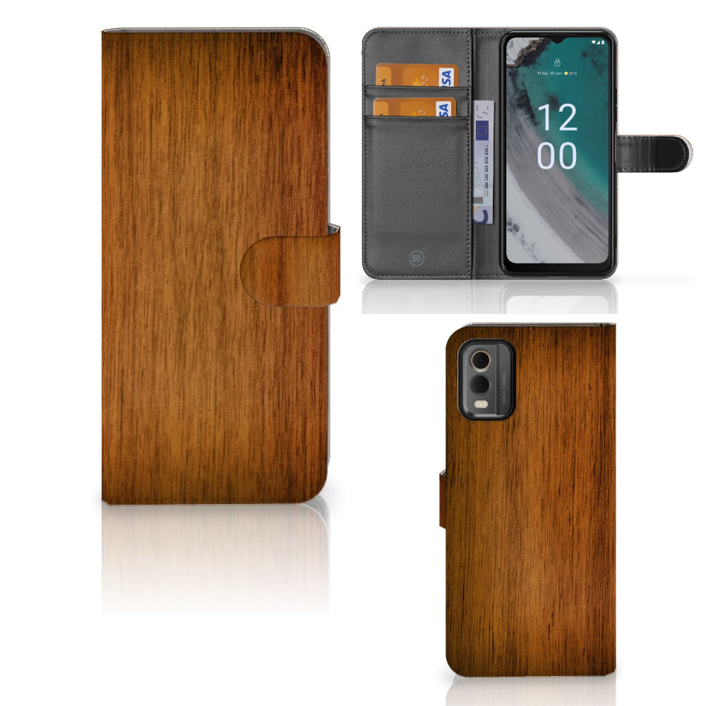 Nokia C32 Book Style Case Donker Hout met pasjeshouder, duurzaam en stijlvol ontwerp voor gebruiksgemak đ