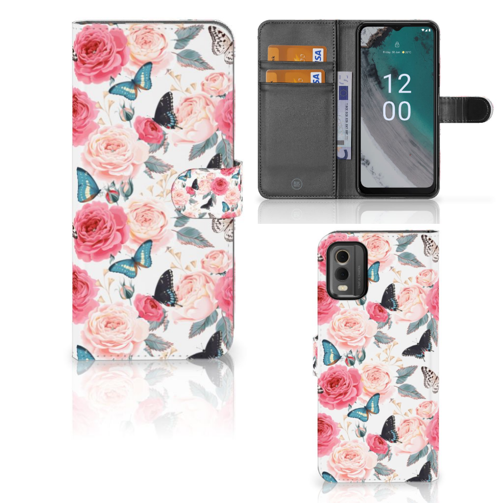 Nokia C32 Hoesje Butterfly Roses telefoonhoesje ontwerp vlinders rozen voorzijde binnenzijde