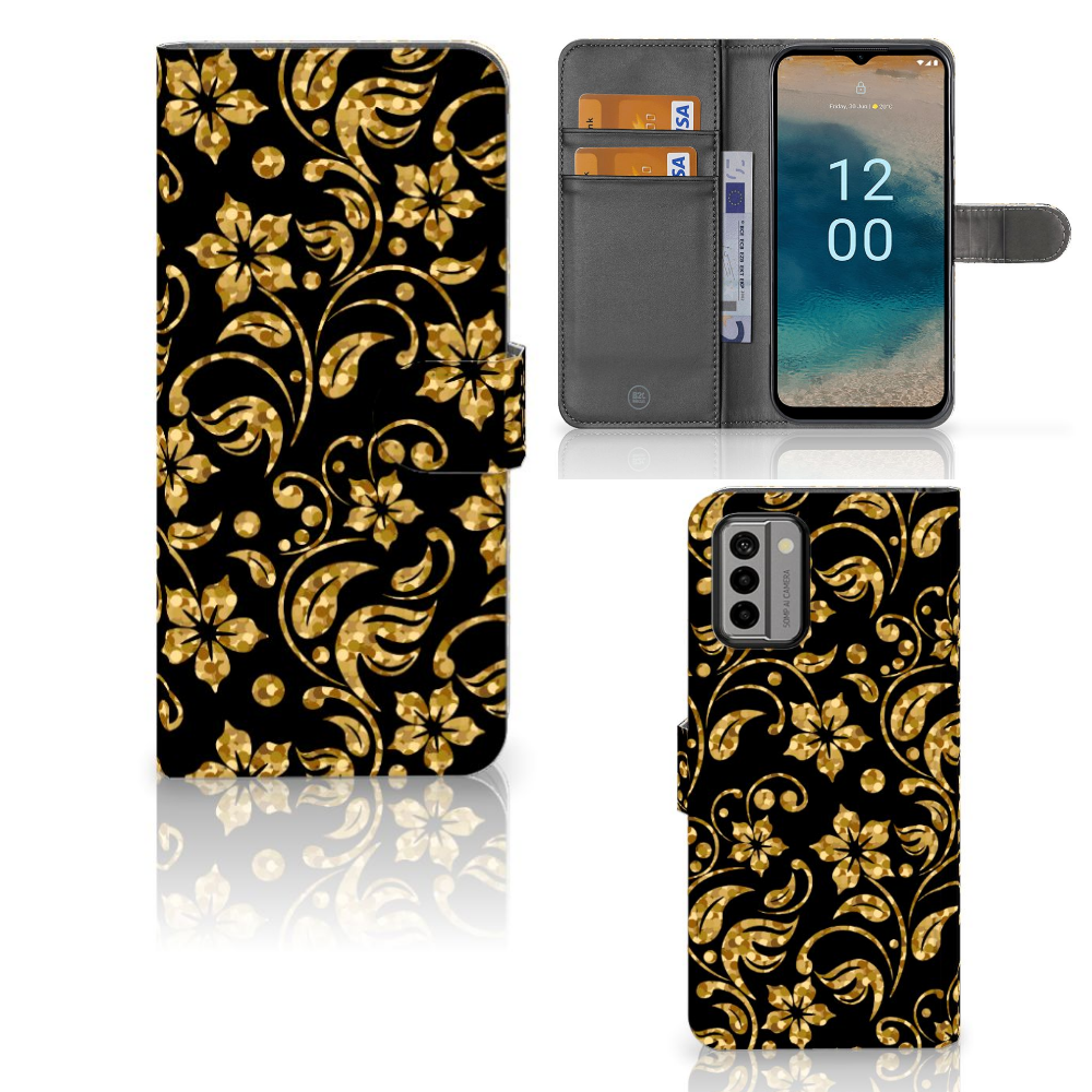 Nokia G22 Hoesje Gouden Bloemen hoesje bloemen goud aanzicht
