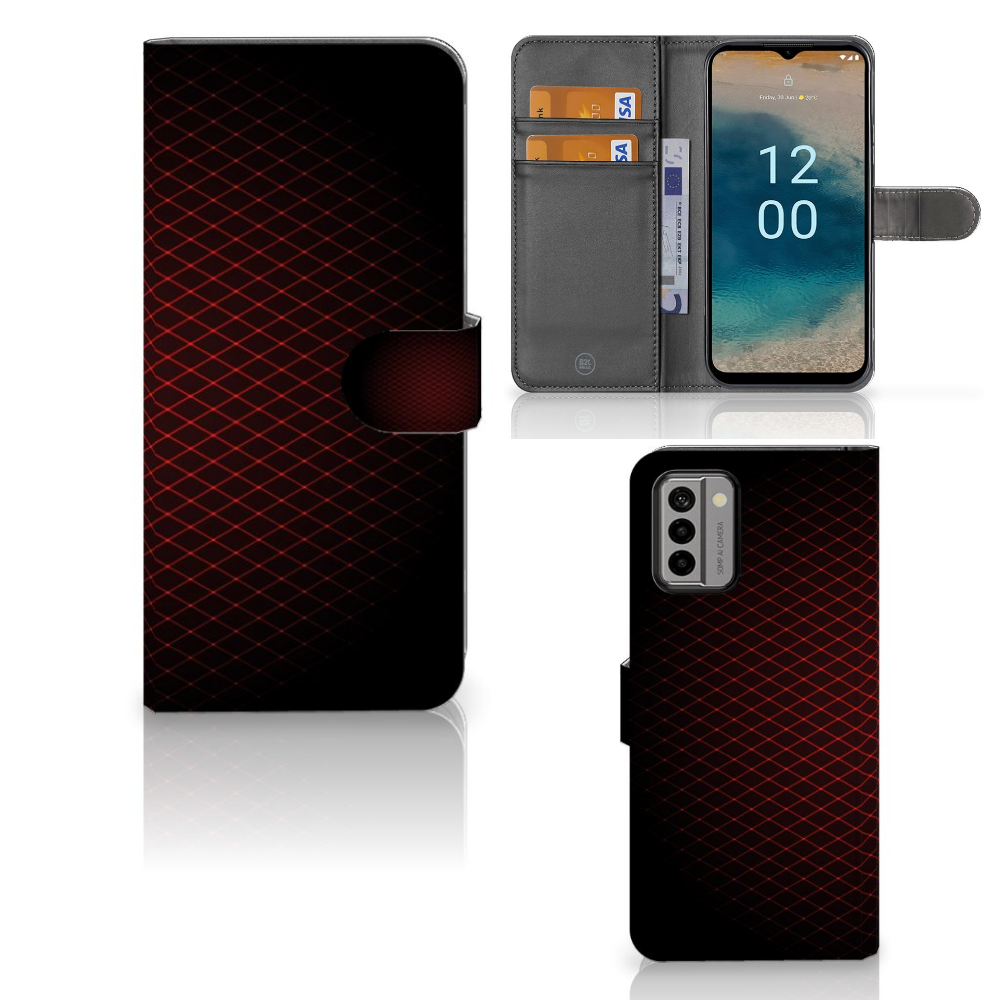 Nokia G22 Telefoon Hoesje Geruit Rood met ruimte voor 3 pasjes, minimalistisch ontwerp, zwart-rood contrast.