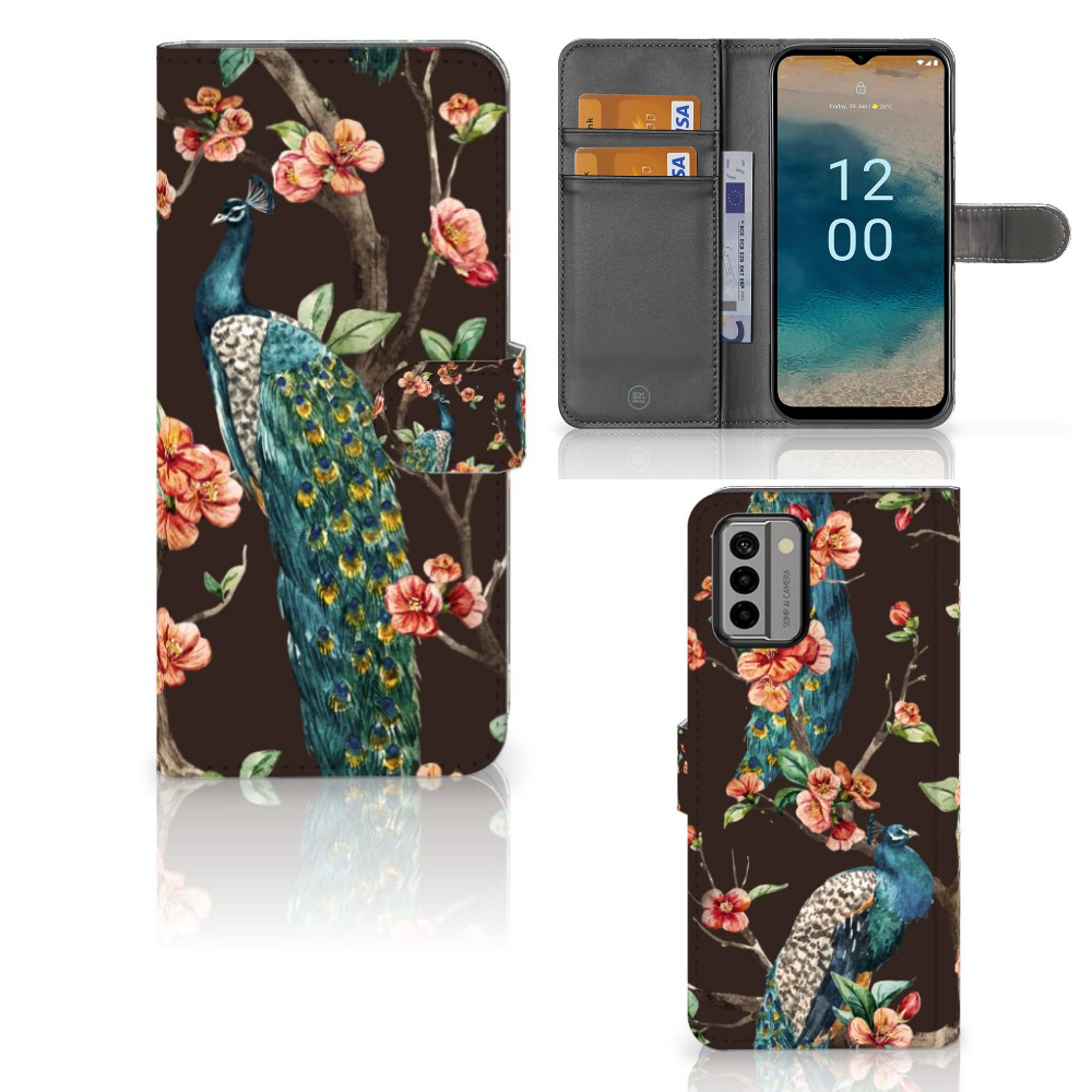 Nokia G22 Telefoonhoesje met Pasjes Pauw met Bloemen telefoonhoesje pauw bloemen vooraanzicht binnenkant