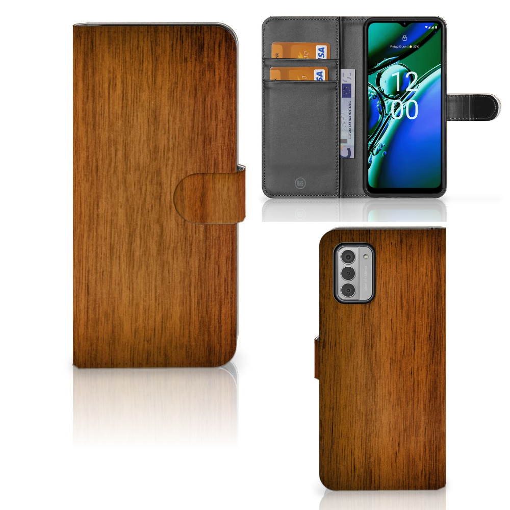 Nokia G42 Book Style Case Donker Hout bookcase houtprint voorkant achterkant binnenzijde