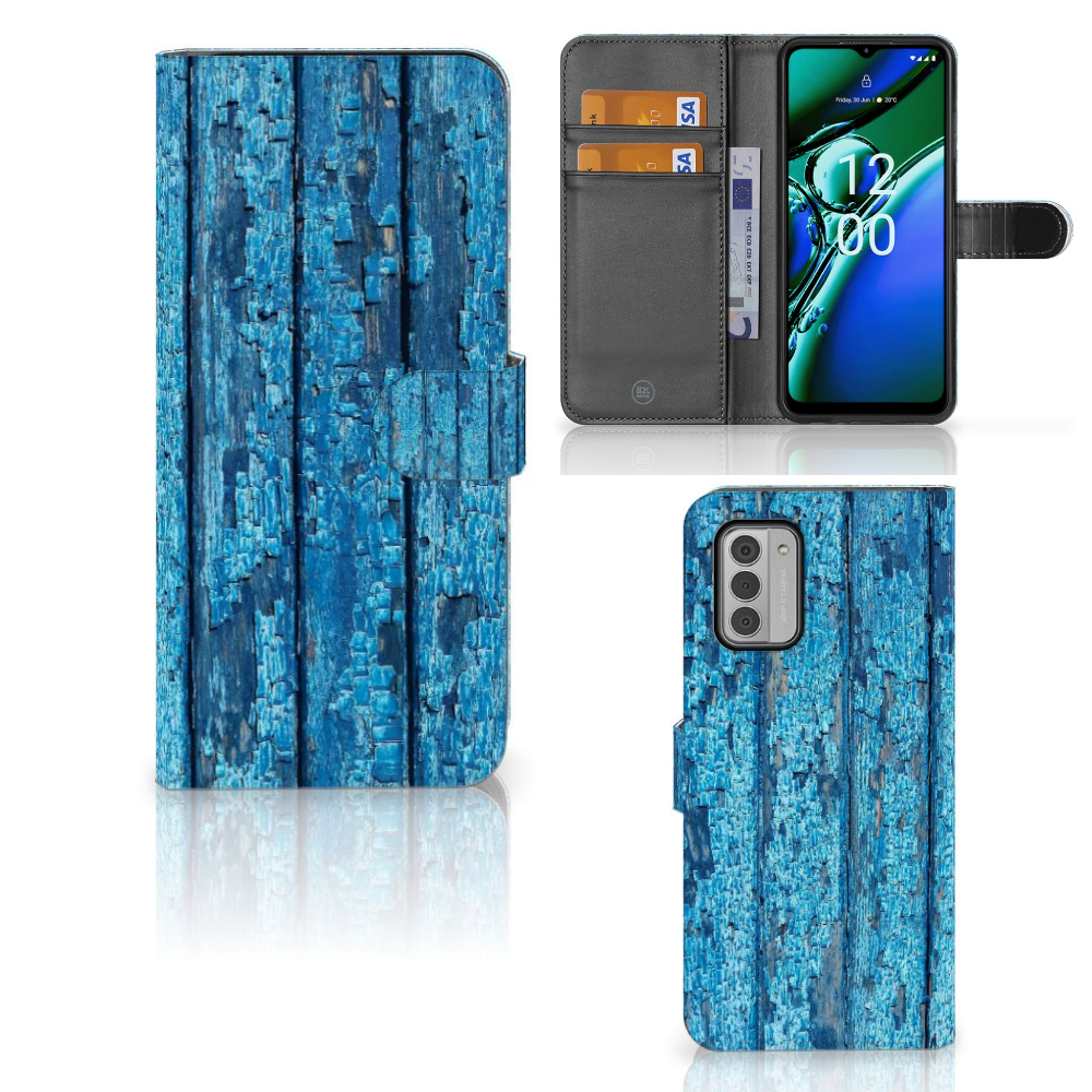 Nokia G42 Book Style Case Wood Blue boekhoesje blauw afgebladderd hout aanzicht binnenkant