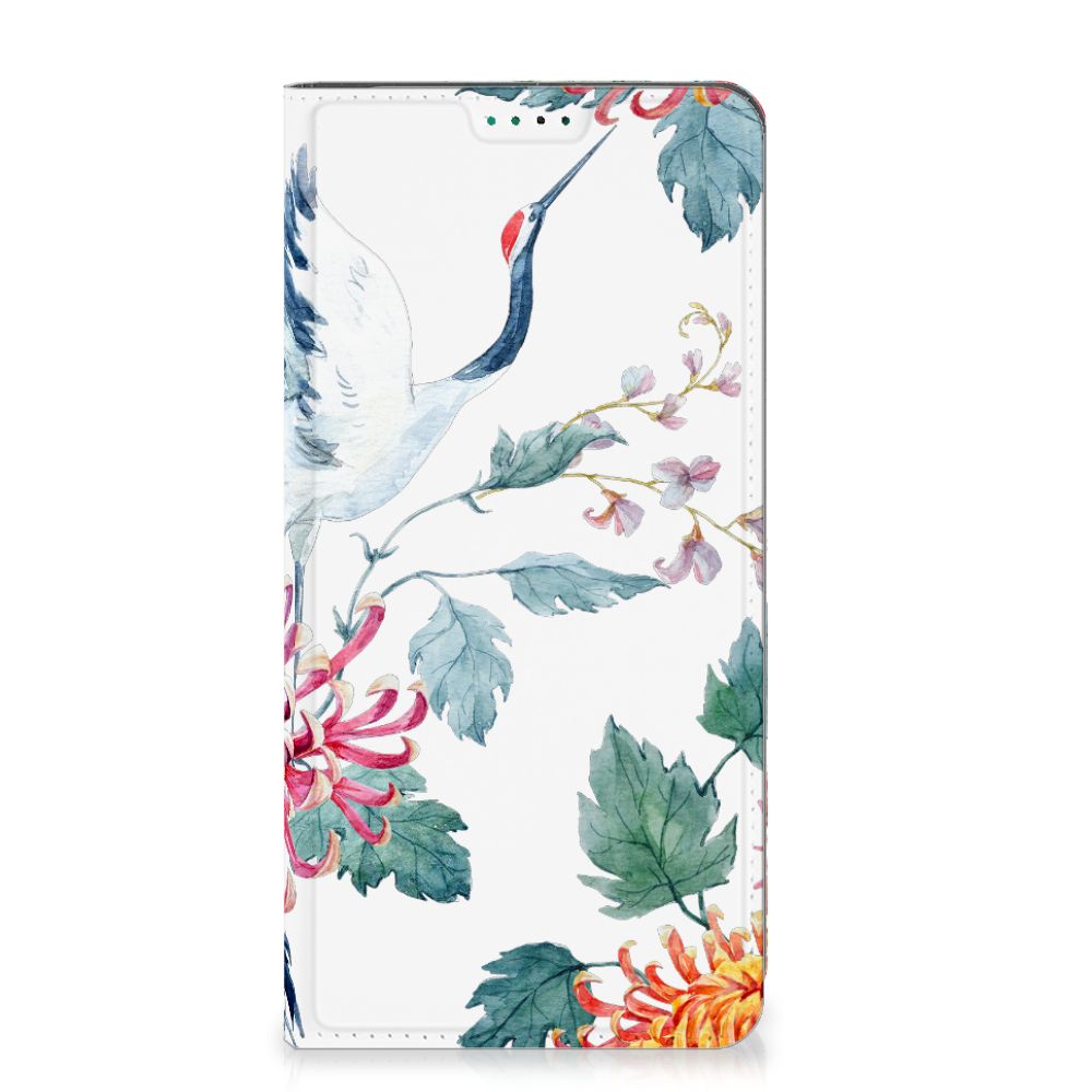 Nokia G42 Hoesje maken Bird Flowers met kleurrijke bloemen en ooievaar design voor bescherming en uitstraling đ¸