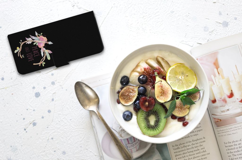 Nokia G42 Leuk Hoesje Boho Text telefoonhoesje zwart met fruitgerecht en lepel