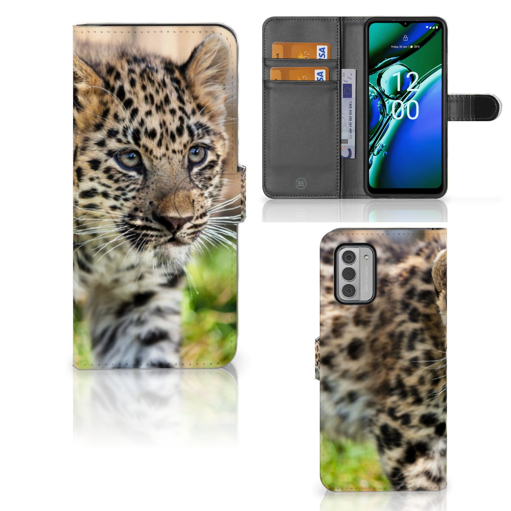 Nokia G42 Telefoonhoesje met Pasjes Baby Luipaard design baby luipaard vooraanzicht binnenaanzicht