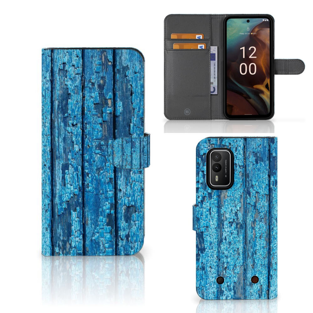 Nokia XR21 Book Style Case Wood Blue boekhoesje design blauw afgebladderd hout aanzicht