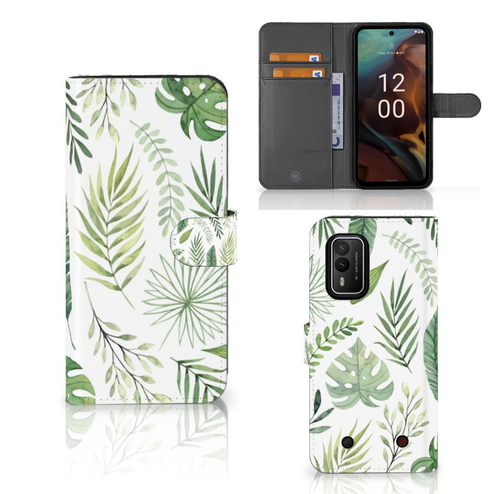 Nokia XR21 Hoesje Leaves telefoonhoesje bladeren design voorzijde achterzijde
