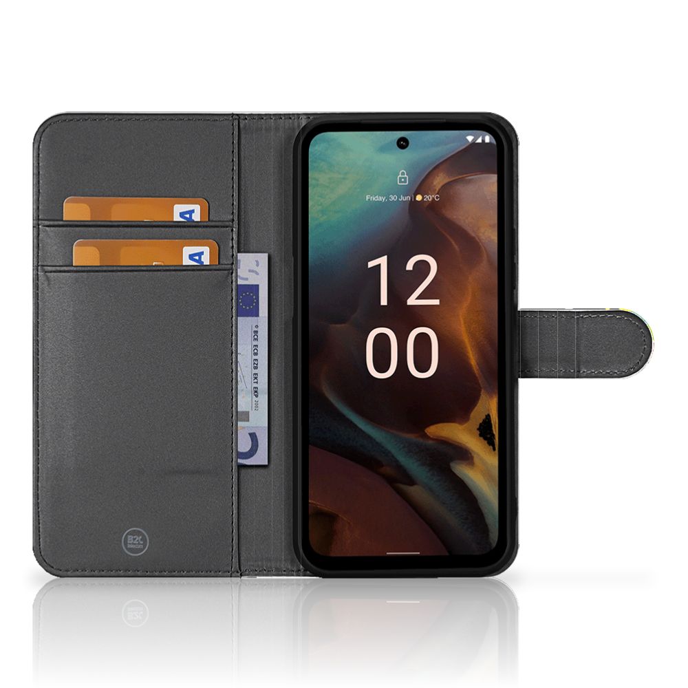 Nokia XR21 Leuk Hoesje Cat Color portemonnee hoes zwart binnenkant met kaartvakken en smartphone zichtbaar