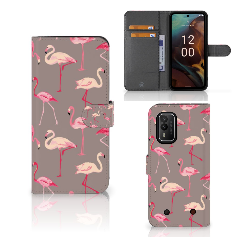Nokia XR21 Telefoonhoesje met Pasjes Flamingo hoesje flamingo's aanzicht