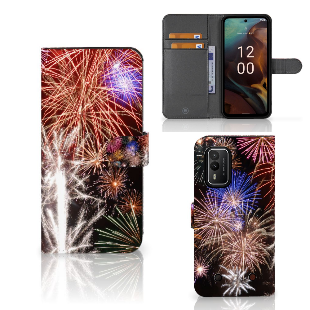 Nokia XR21 Wallet Case met Pasjes Vuurwerk wallet case vuurwerk design voorkant zijkant