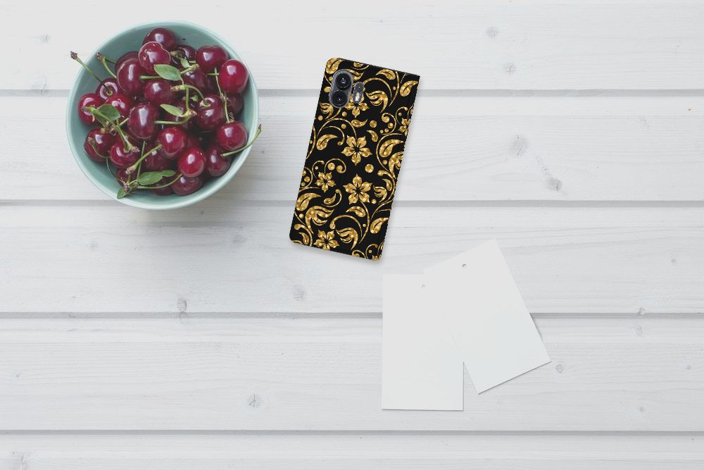 Nothing Phone (2) Smart Cover Gouden Bloemen bovenaanzicht telefoonhoesje en kersen in kom