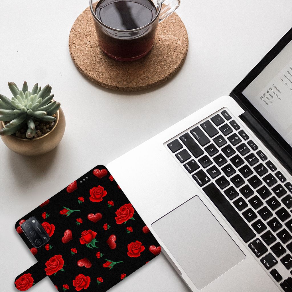 OPPO A16/A16s/A54s Leuk Hoesje Valentine design zwart met rozen aanzicht