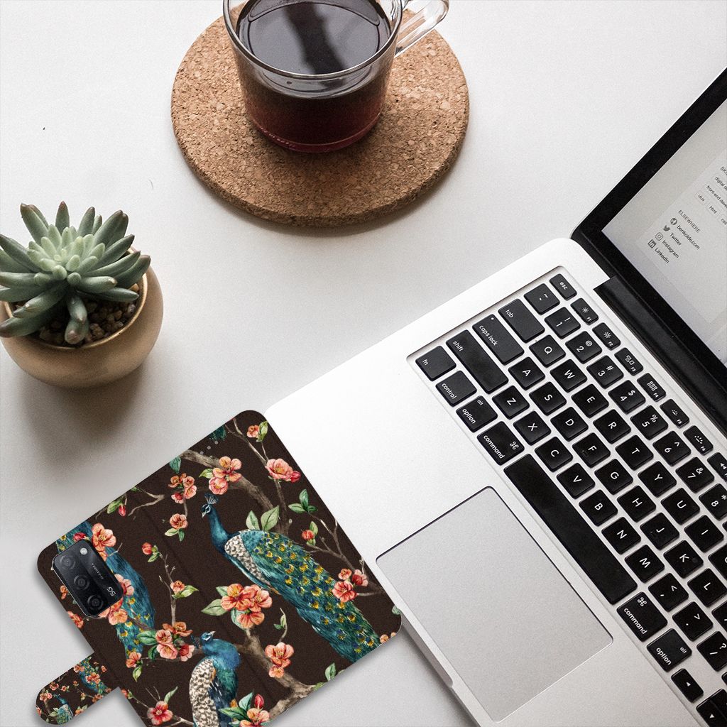 OPPO A16/A16s/A54s Telefoonhoesje met Pasjes Pauw met Bloemen