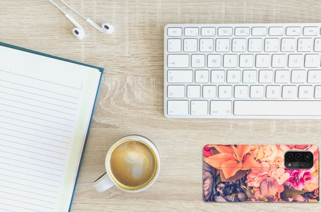 OPPO A54 5G | A74 5G | A93 5G Smart Cover Bosje Bloemen bovenaanzicht bureau met kantoor benodigdheden