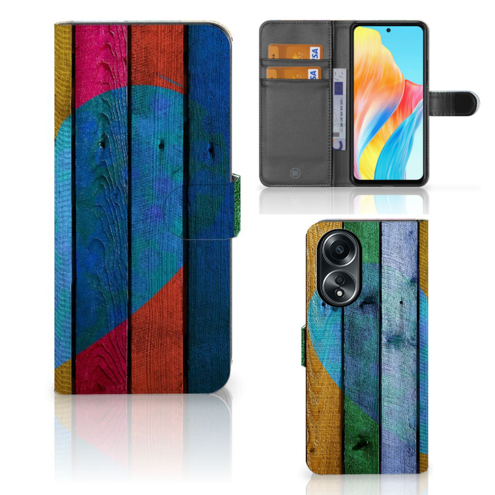OPPO A58 4G Book Style Case Wood Heart - Cadeau voor je Vriend met kleurrijke houten hartjesdesign đ.
