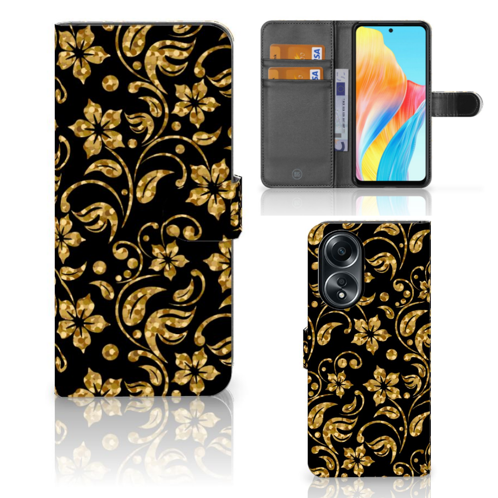 OPPO A58 4G Hoesje Gouden Bloemen met uniek design en pasjeshouder voor gebruiksgemak en bescherming â¨
