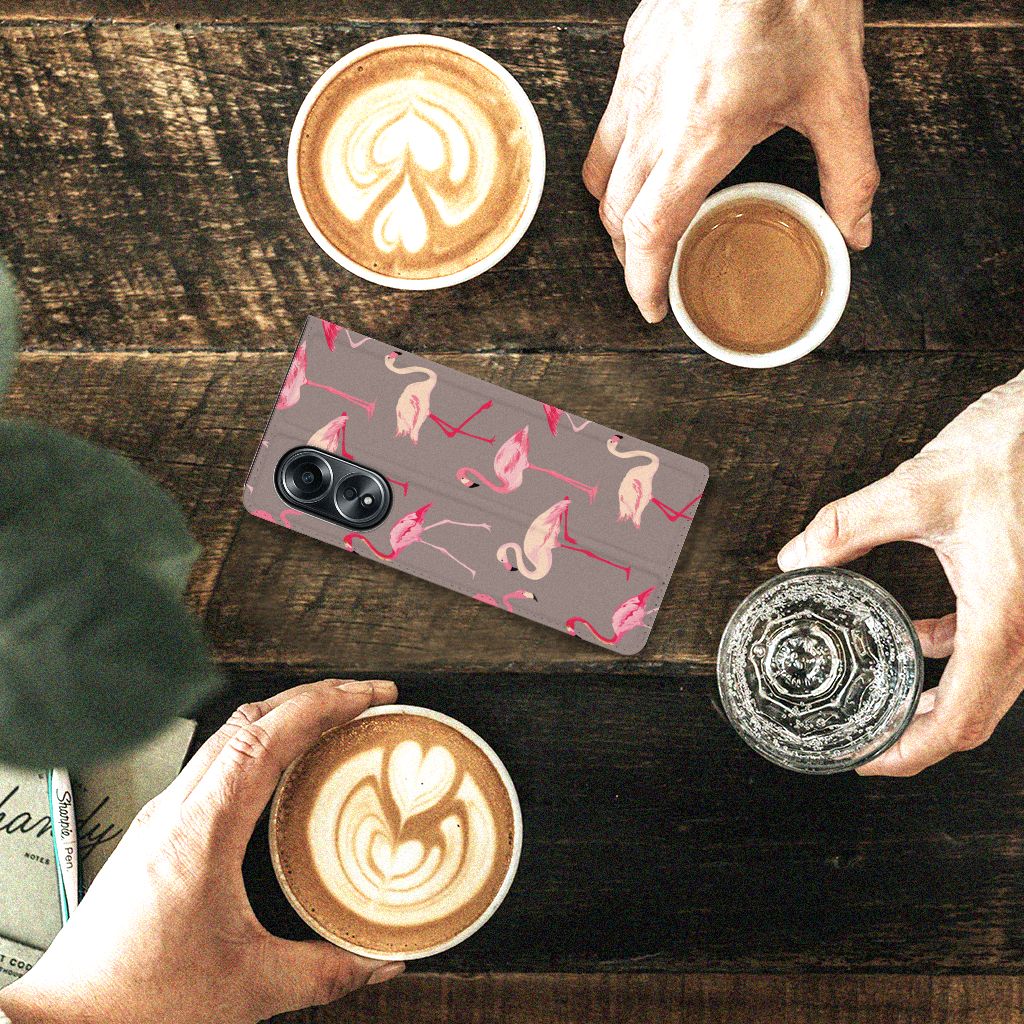 OPPO A58 4G Hoesje maken Flamingo op tafel met koffie en water, opvallend ontwerp en bescherming.