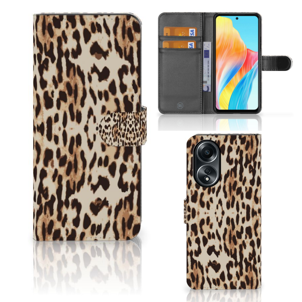 OPPO A58 4G Telefoonhoesje met Pasjes Leopard hoesje dierenprint voorzijde binnenzijde