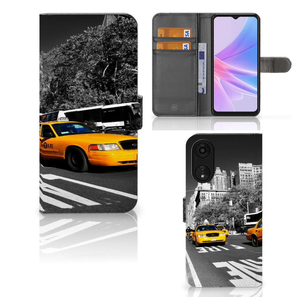 OPPO A78 5G | A58 5G Flip Cover New York Taxi hoesje zwart wit aanzicht