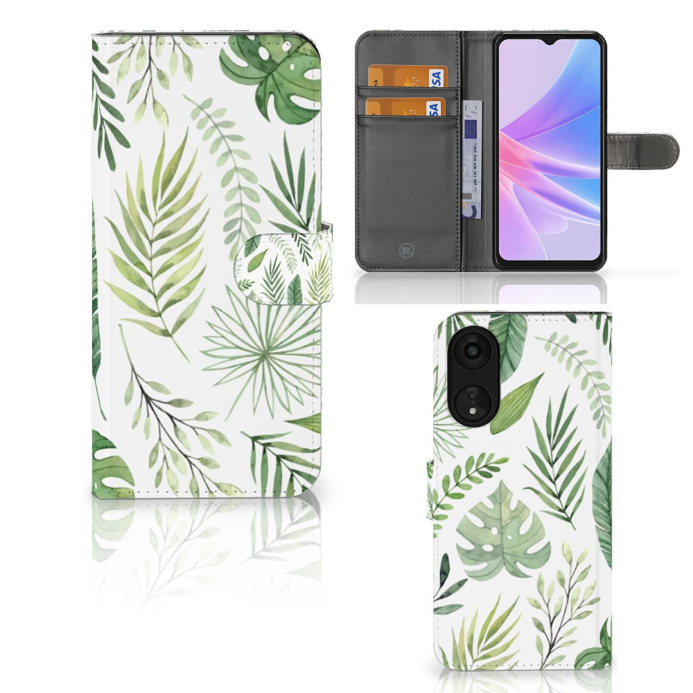 OPPO A78 5G | A58 5G Hoesje Leaves bladeren groen wit design voorzijde