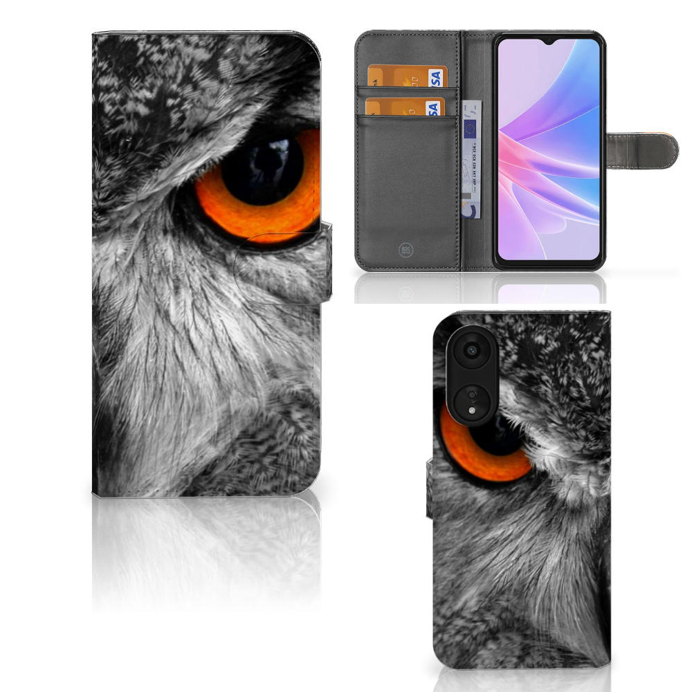 OPPO A78 5G | A58 5G Telefoonhoesje met Pasjes Uil detailvoorzijde.