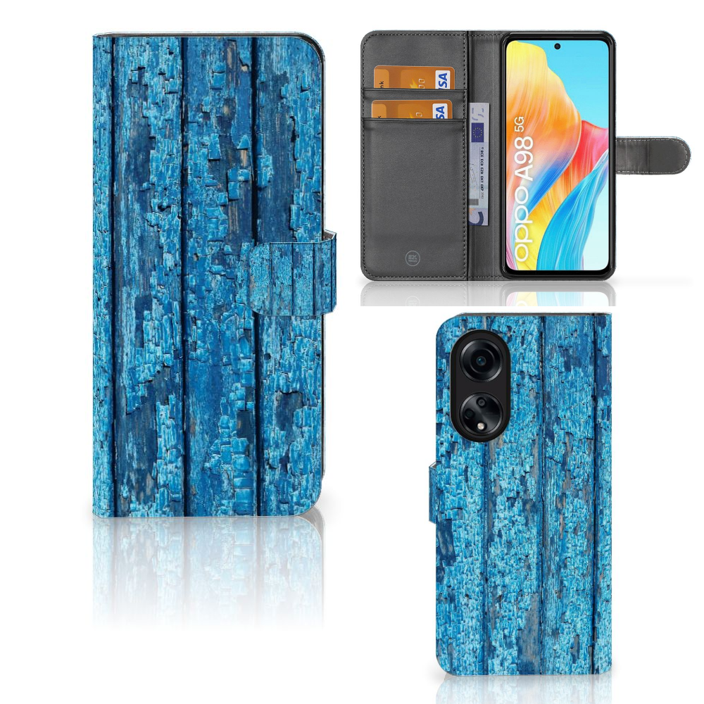 OPPO A98 5G Book Style Case Wood Blue boekhoesje blauw hout voorzijde achterzijde binnenzijde
